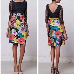 Mirror of Venus Anthropologie Black floral dress 6 lace 3/4 sleeve